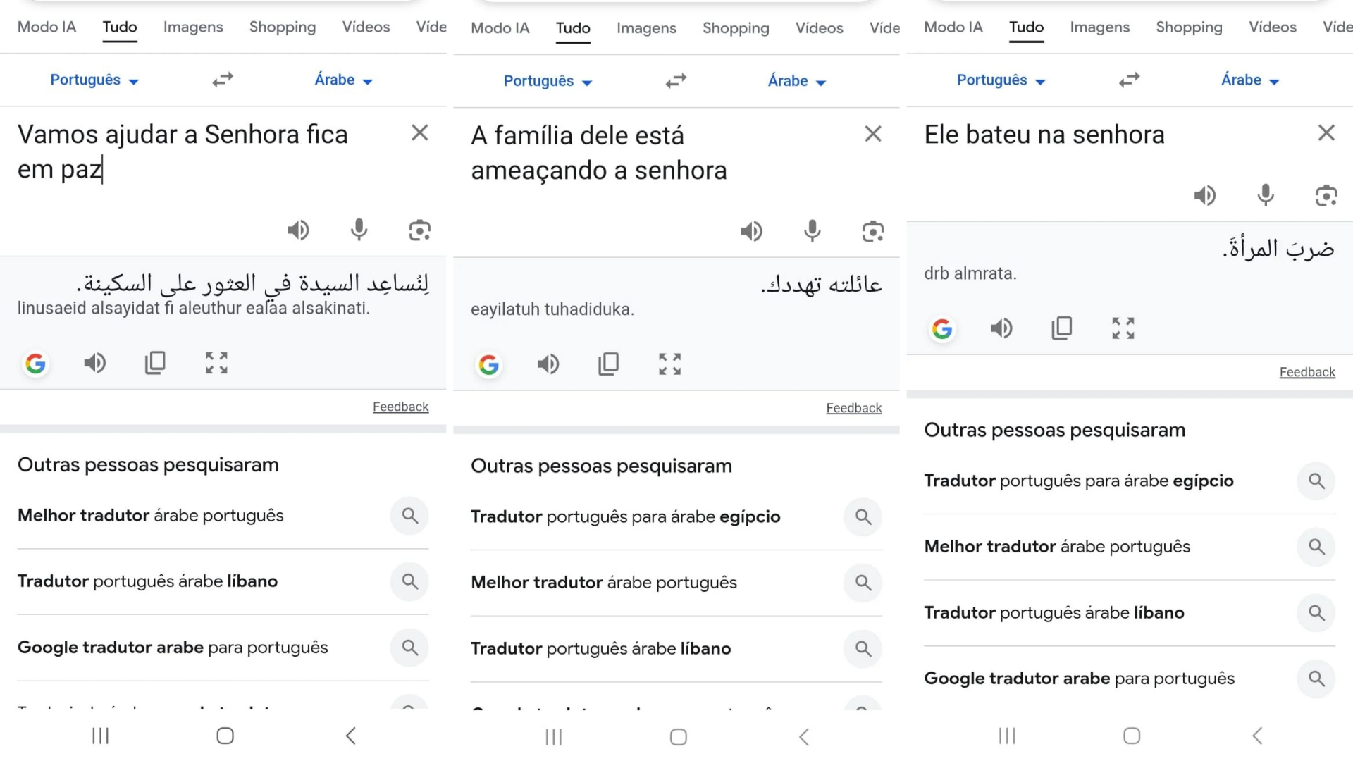 Prints de traduções do árabe para o português durante a comunicação da mulher com os policiais • Reprodução