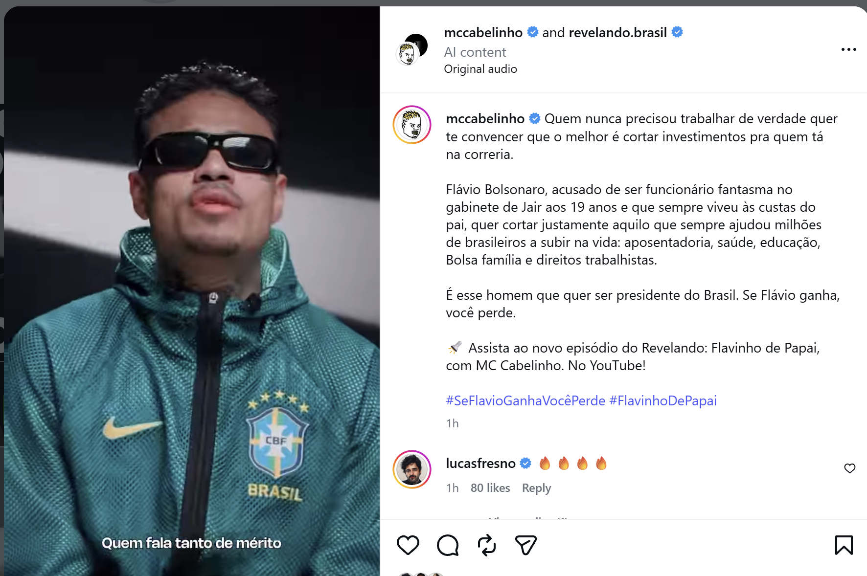 Print da publicação original mostra selo de que vídeo teria conteúdo de IA • Reprodução/Instagram @mccabelinho