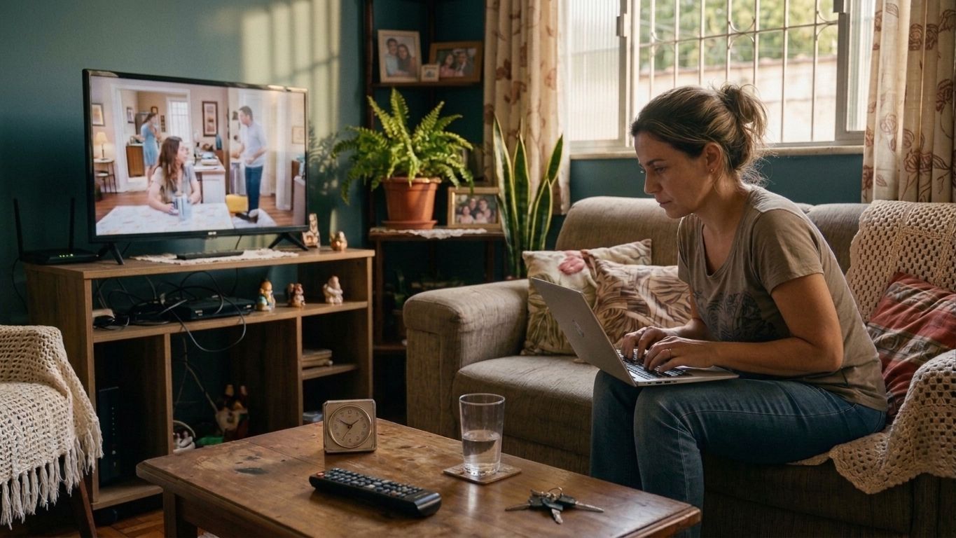 Mulher digita em notebook enquanto a TV está ligada ao fundo