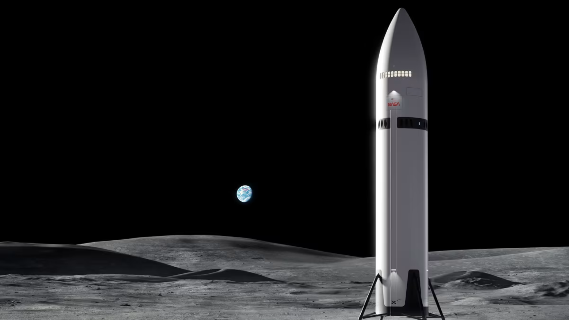 Uma concepção artística do Sistema de Pouso Humano (HLS) do Starship da SpaceX, um dos dois módulos de pouso lunares que a NASA testará.