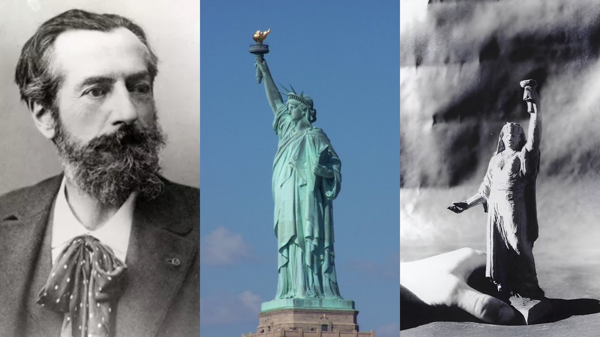O escultor Frédéric-Auguste Bartholdi, a versão atual e um primeiro rascunho do que se tornaria a Estátua da Liberdade