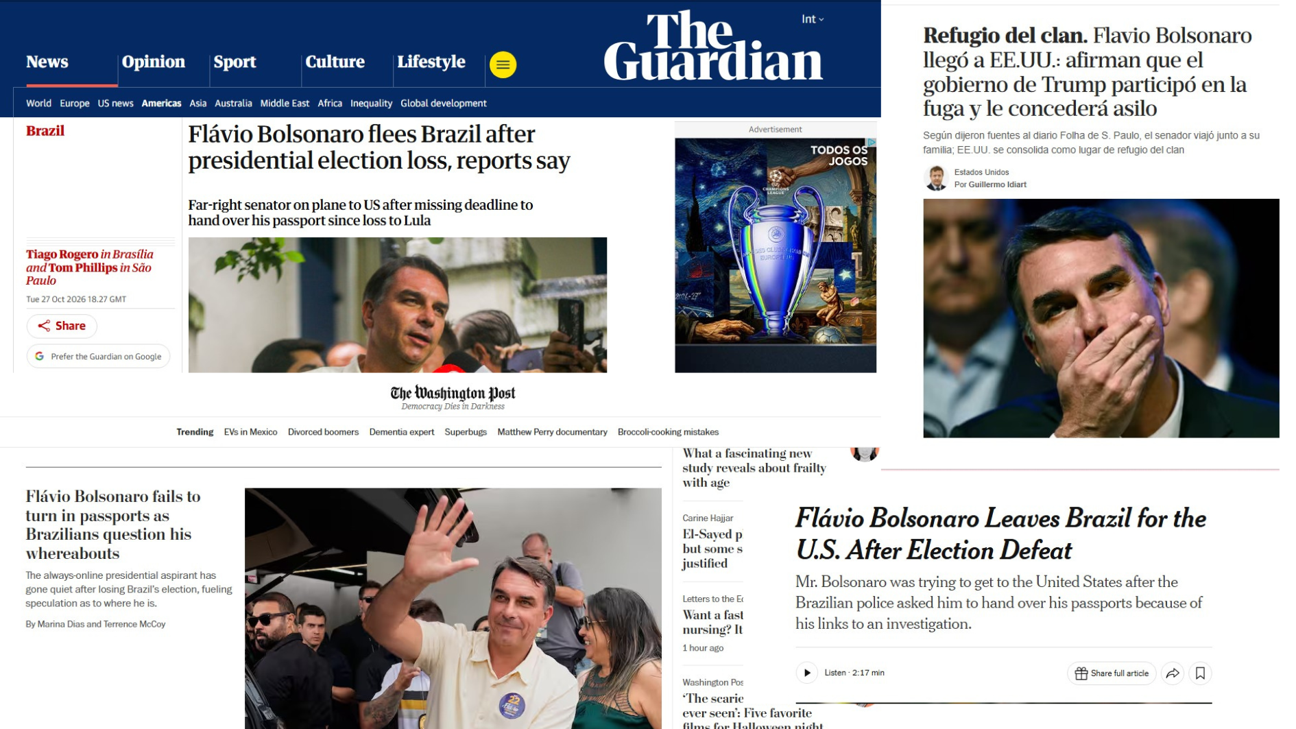 Mídia internacional repercute fuga de Flávio Bolsonaro após derrota