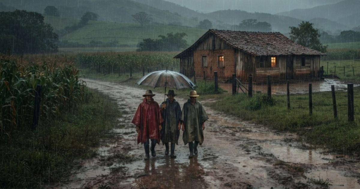 Ilustração mostrando gotas de chuva atingindo solo com partículas aromáticas sendo liberadas