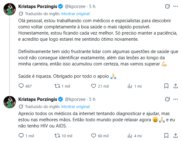 Post de Kristaps Porzingis nas redes sociais 