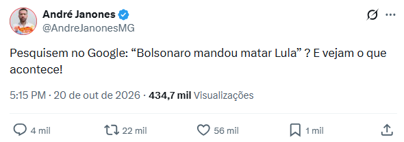 Publicação de Janones no X • Reprodução/Redes sociais