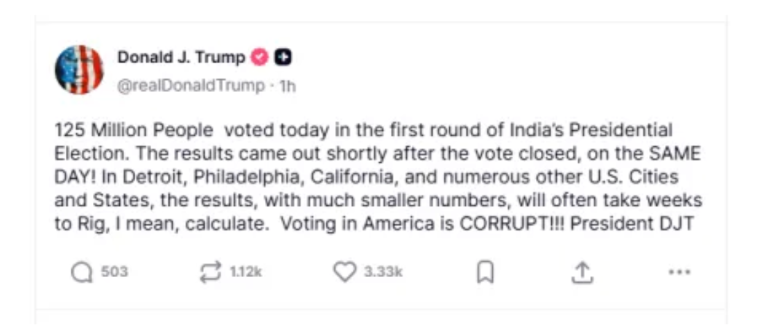 Primeira postagem de Donald Trump confundia as eleições brasileiras com as da Índia (05.10.26) • Reprodução/Truth Social/Donald J. Trump