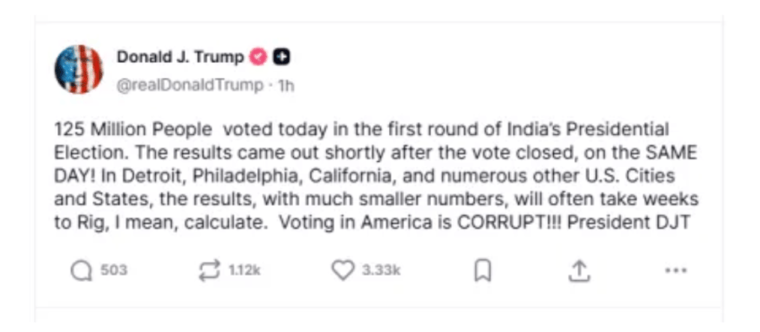 Primeira postagem de Donald Trump confundia as eleições brasileiras com as da Índia (05.10.26) • Reprodução/Truth Social/Donald J. Trump