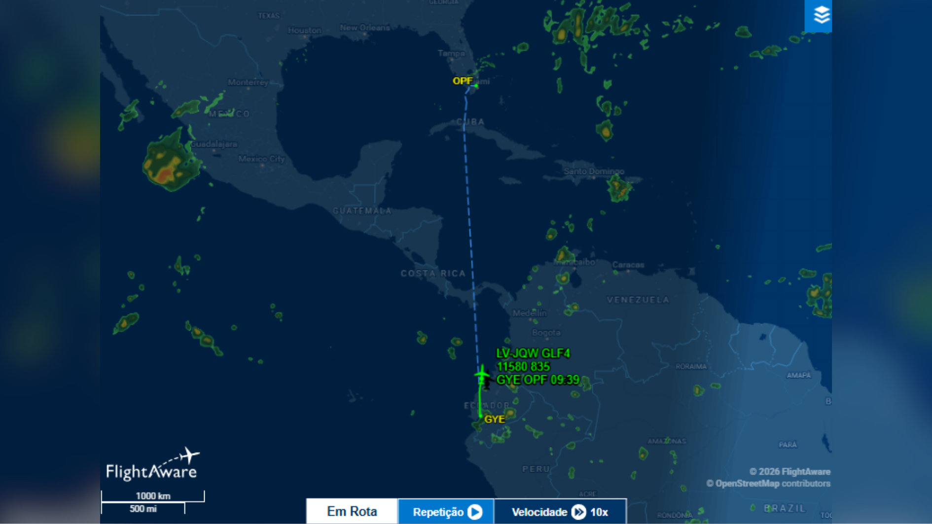 Site Flightaware mostra percurso do avião em que estaria Flávio Bolsonaro e a família dele • Reprodução