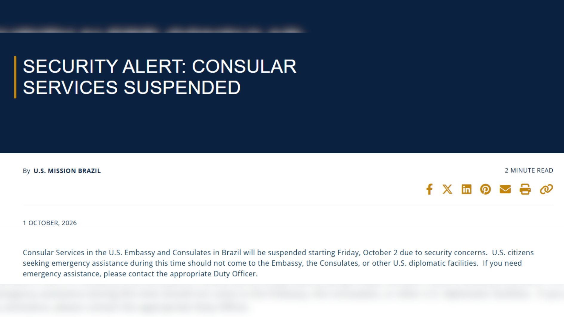 Suspensão de atividades consulares dos EUA no Brasil • Reprodução/U.S. Embassy
