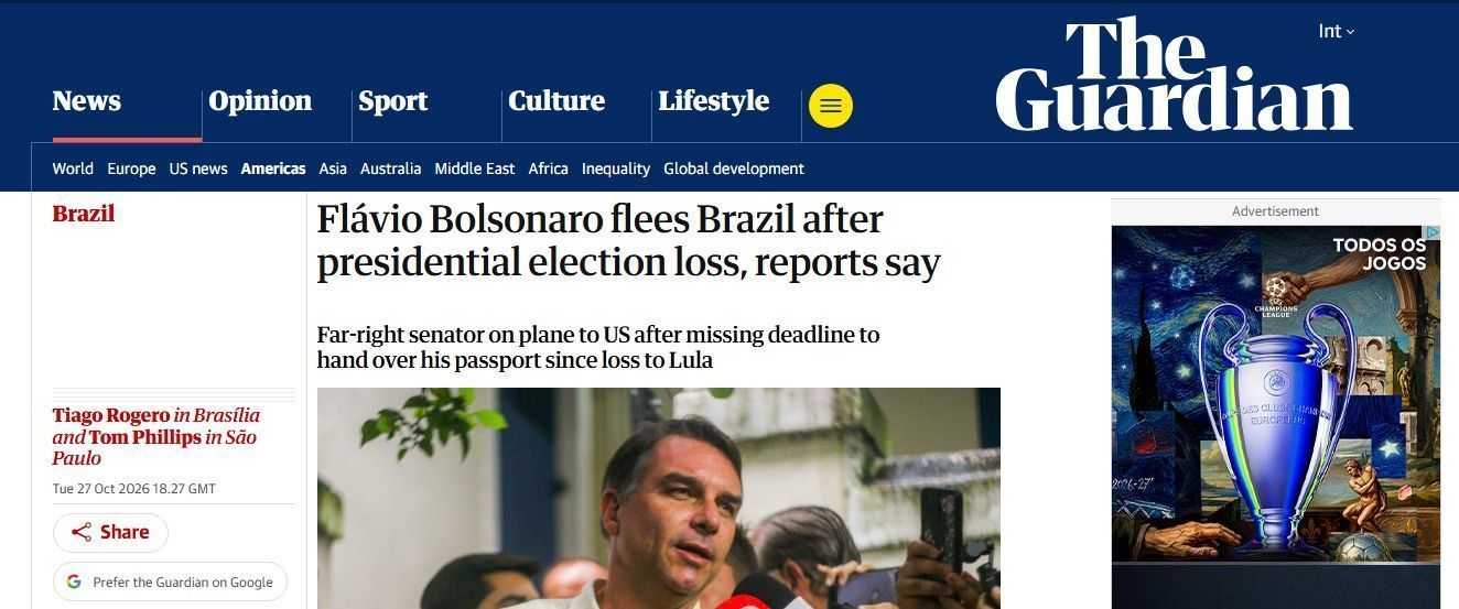 Título do jornal The Guardian sobre a fuga de Flávio Bolsonaro • Reprodução/The Guardian
