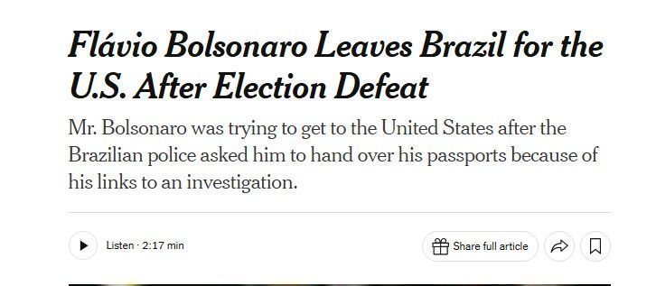 Título do jornal The New York Times sobre a fuga de Flávio Bolsonaro • Reprodução/The New York Times