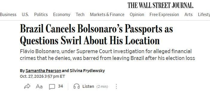 Título do jornal The Wall Street Journal sobre a fuga de Flávio Bolsonaro • Reprodução/The Wall Street Journal
