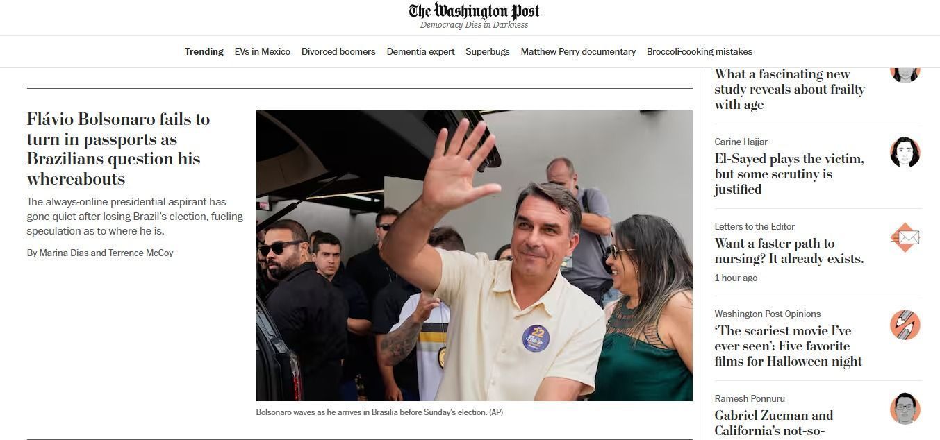 Título do jornal The Washington Post sobre a fuga de Flávio Bolsonaro • Reprodução/The Washington Post