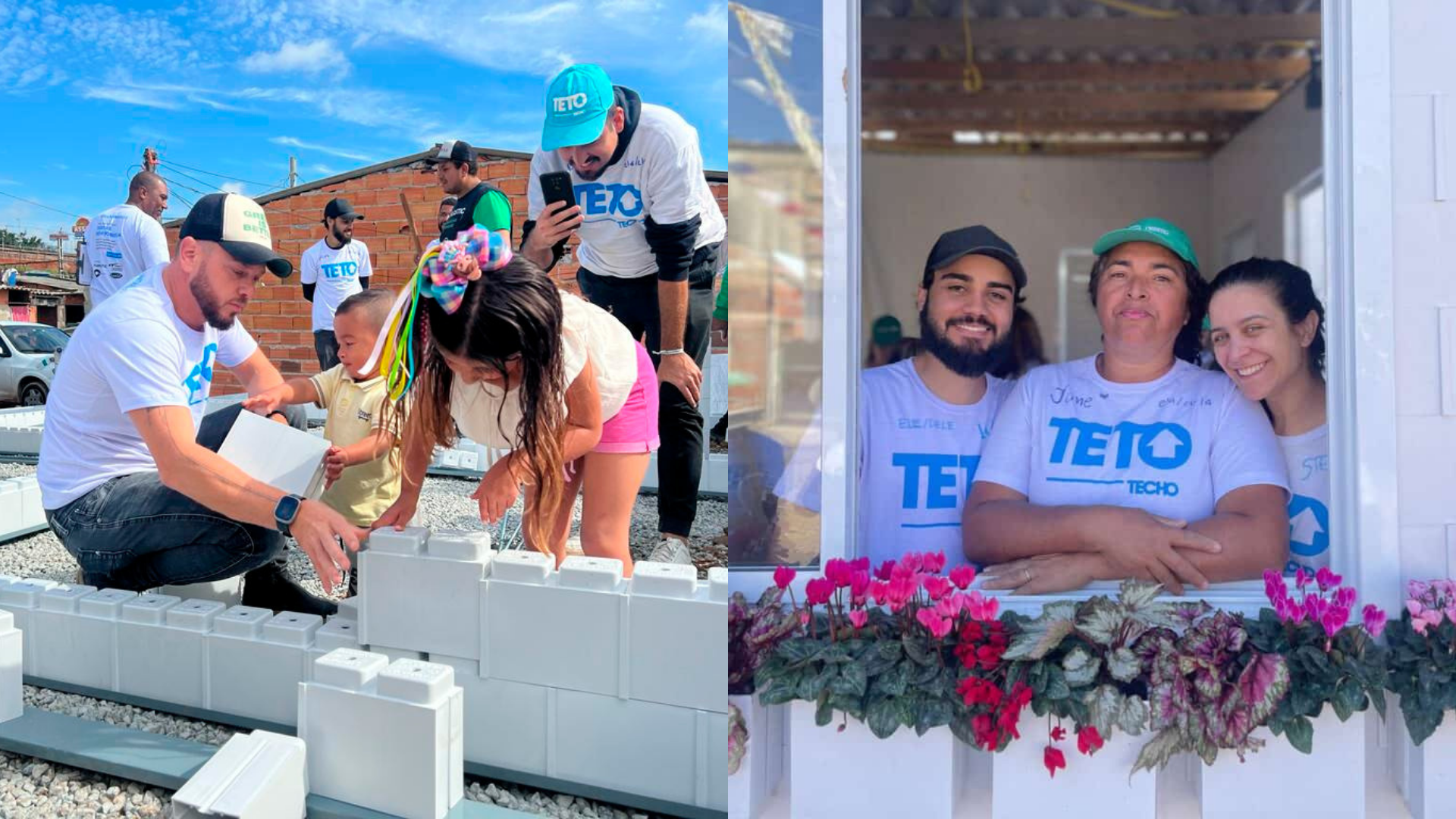 "Montagem mostrando voluntários da ONG TETO e crianças montando blocos de plástico reciclado estilo Lego e moradores celebrando na janela florida da casa sustentável concluída."