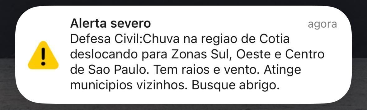 Alerta da Defesa Civil de São Paulo • Reprodução