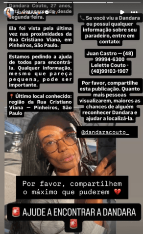 Yanna Lavigne faz post sobre sumiço de Dandara Couto • Instagram/Yanna Lavigne