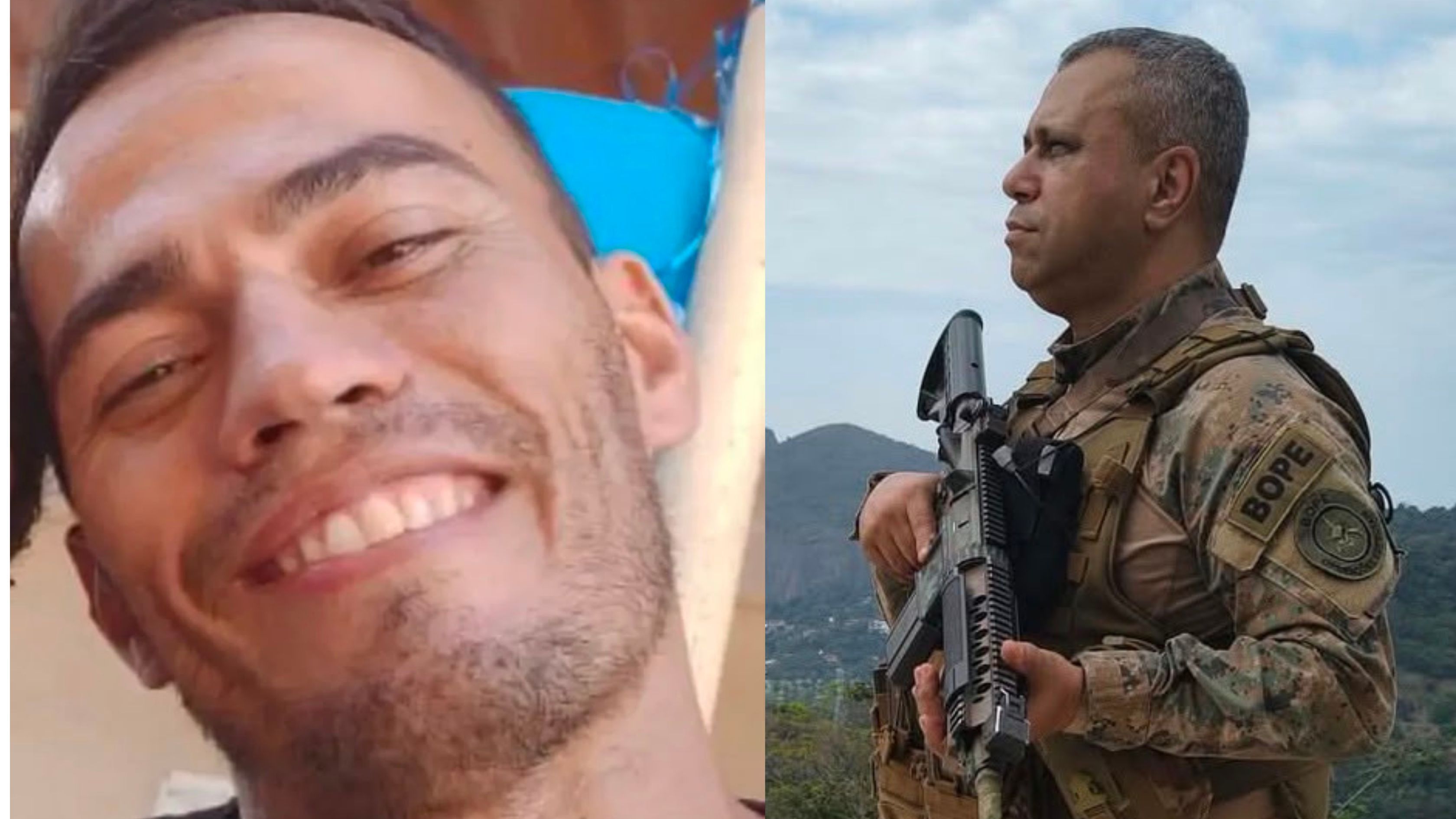 À esquerda, o sargento Heber Carvalho, que morreu durante a megaoperação nos complexos da Penha e do Alemão, em outubro de 2025. À direita, o subtenente Gláucio Marcelo Fonseca da Silva, do Bope, morto em um confronto entre policiais militares na Gardênia Azul, neste domingo (11). Os dois eram irmãos.