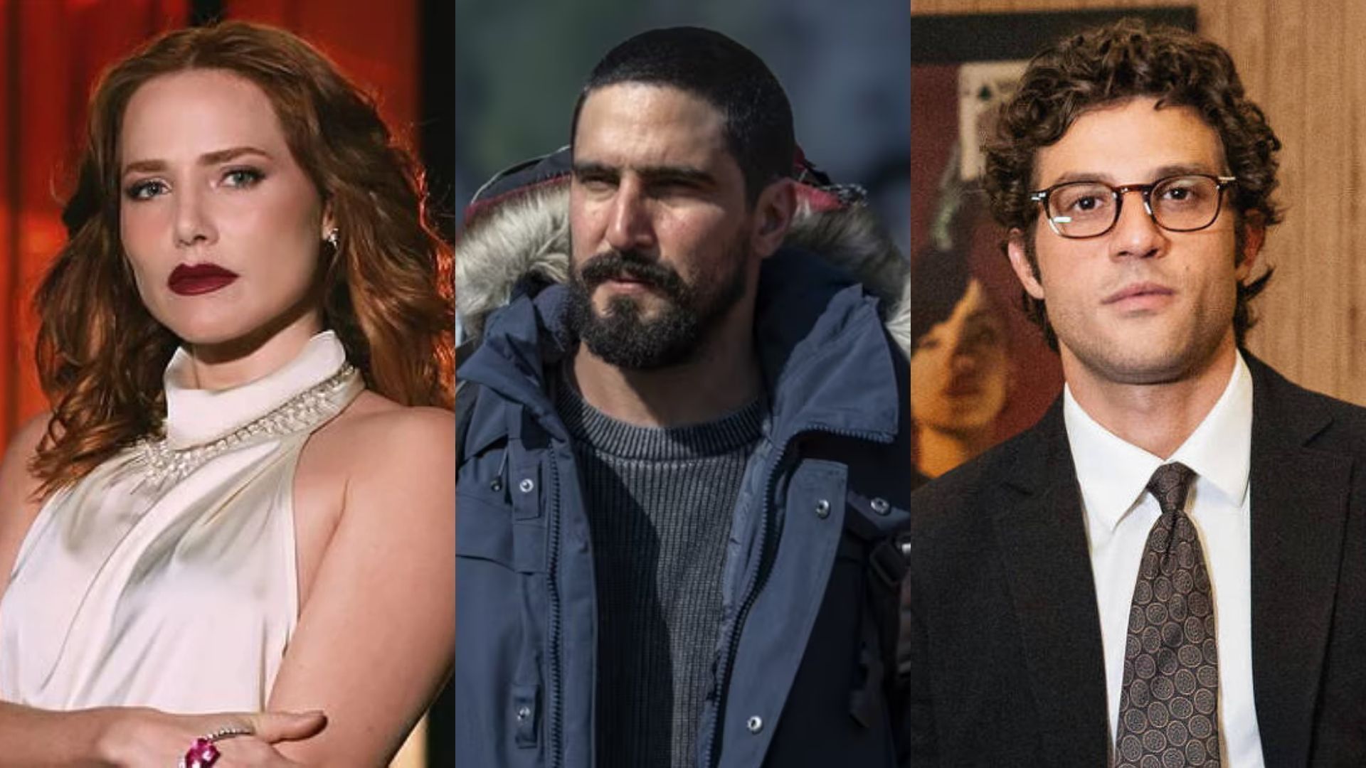 Montagem com fotos de Heitor (Renato Góes), Adriana (Leticia Colin) e Pedro (Chay Suede) em "Quem Ama Cuida"