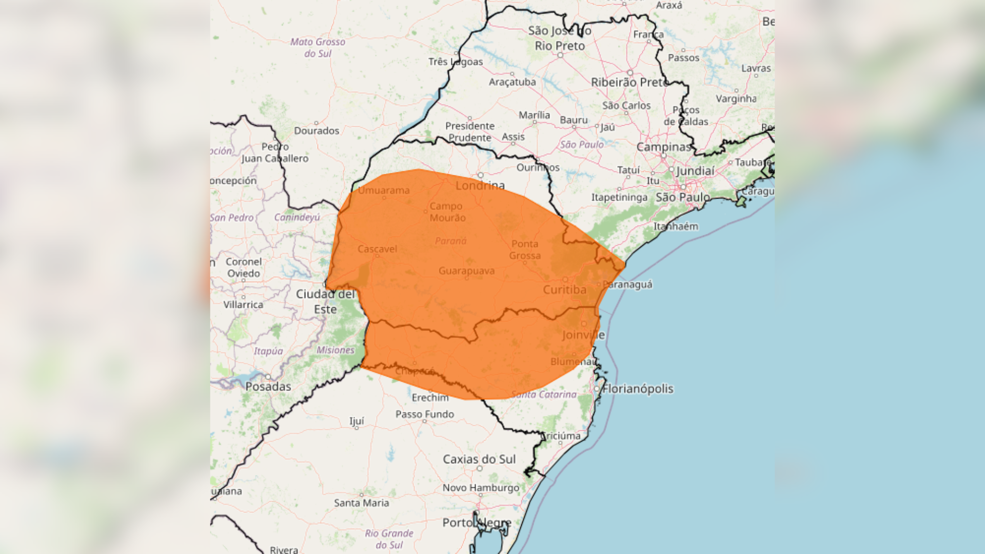 Mapa região Sul do país afetada pela tempestade
