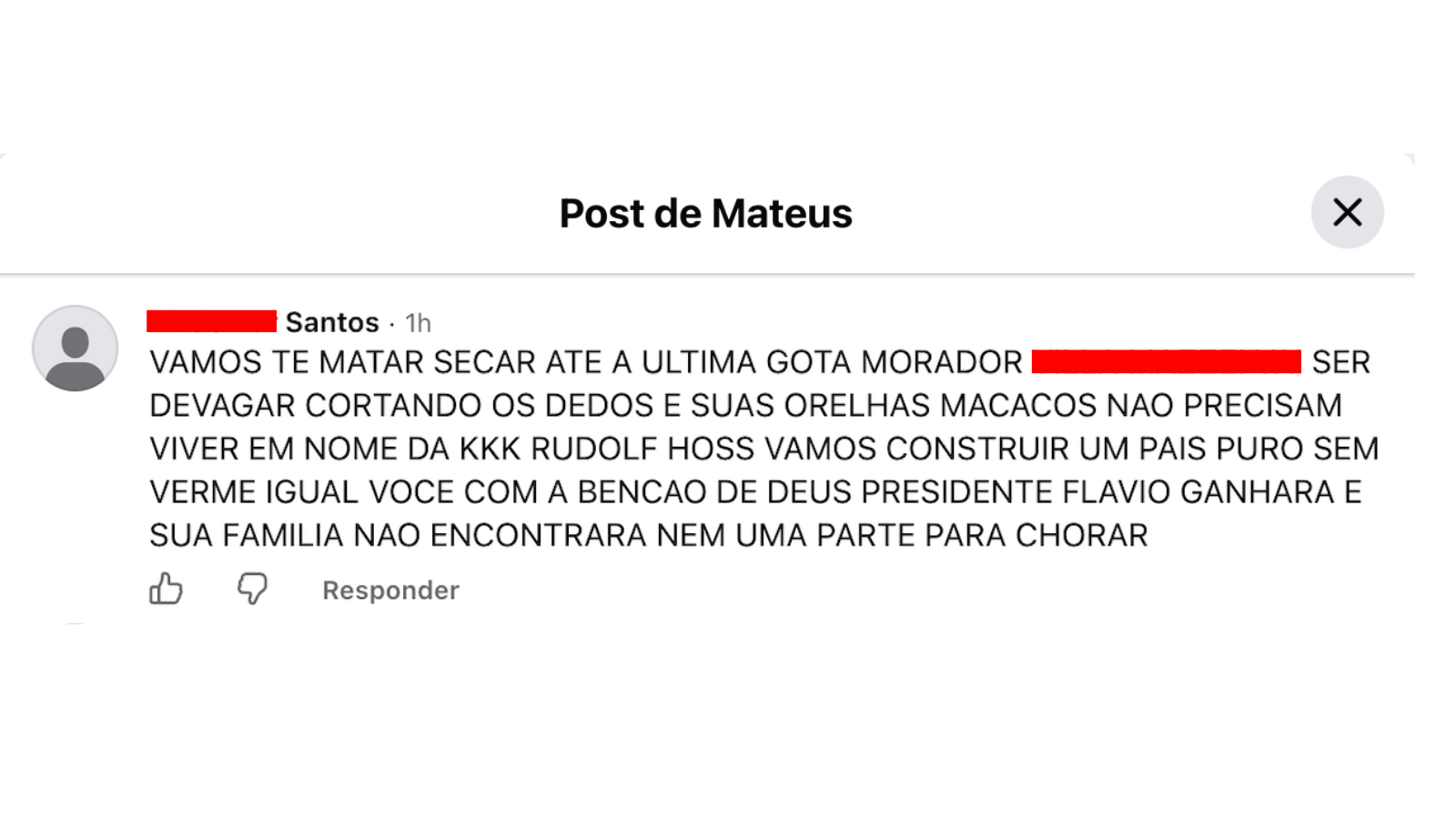Comentários direcionados ao influenciador fazem referência à discursos de supremacia branca. • Arquivo pessoal