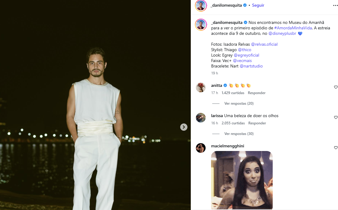 Anitta comentou em foto de Danilo Mesquita • Reprodução/Instagram