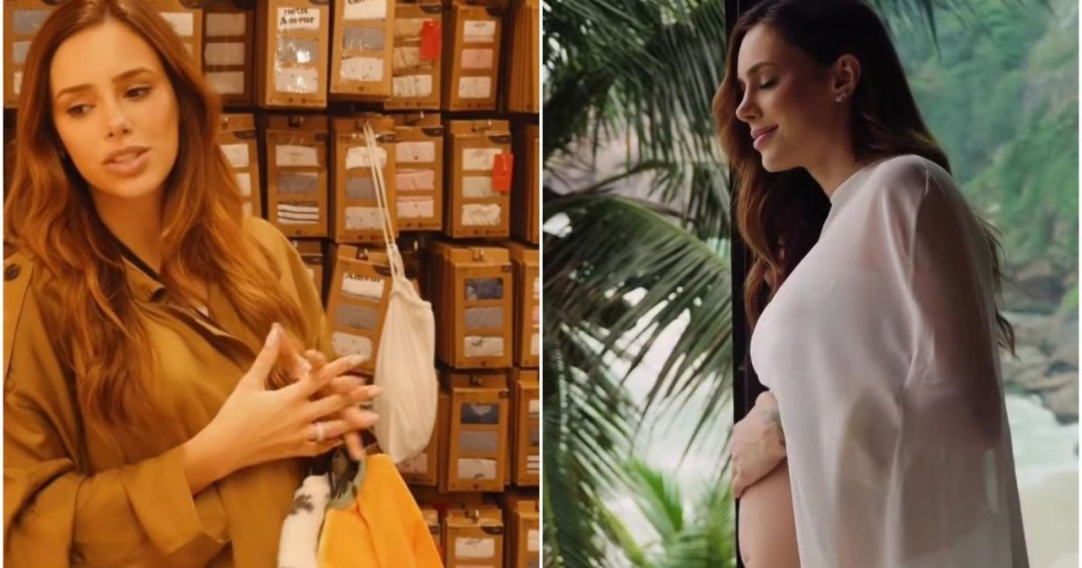 Bruna Biancardi mostrando roupas de bebê em loja acessível na França