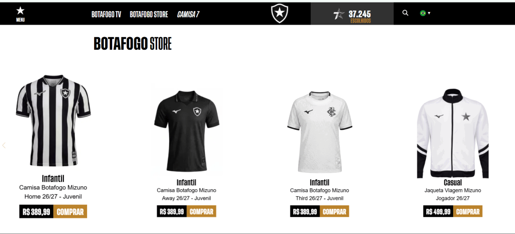 Site de venda de camisas do Botafogo já não possui produtos estampando bets