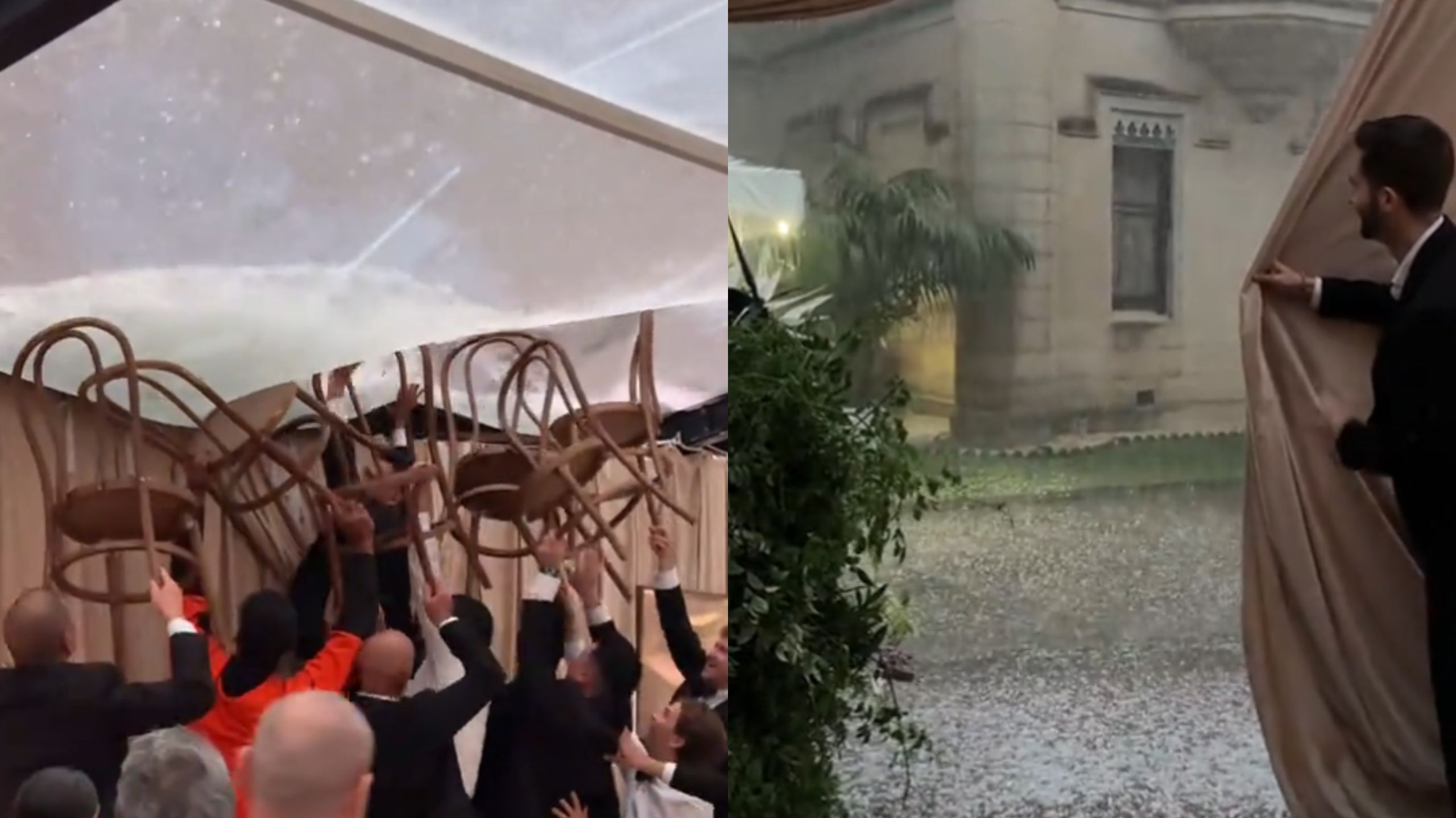 Convidados de um casamento na Austrália usam cadeiras para impedir que chuva destrua o teto do local da cerimônia