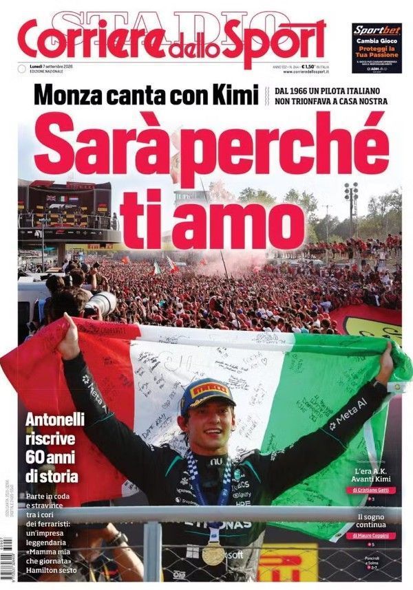Corriere dello Sport exalta vitória de Antonelli em Monza • Reprodução/Corriere dello Sport