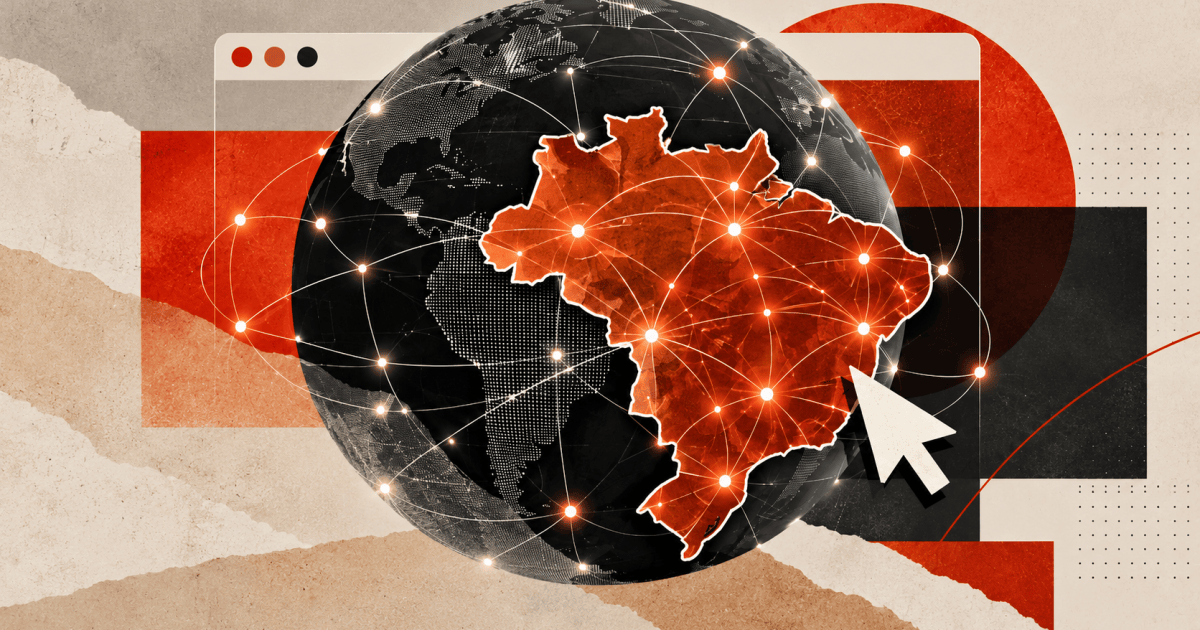 Ilustração de um computador com o mapa do Brasil e ícones de sites