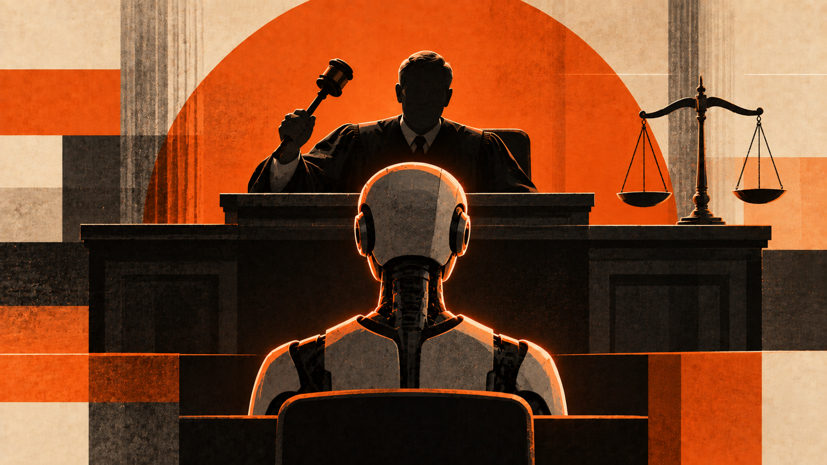 ilustração feita por IA mostra uma inteligência artificial passando por julgamento
