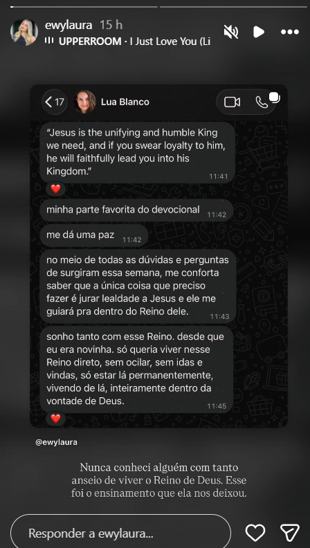 Ewellyn Laura mostra conversa com Lua Blanco, que morreu aos 39 anos • Instagram/Ewellyn Laura