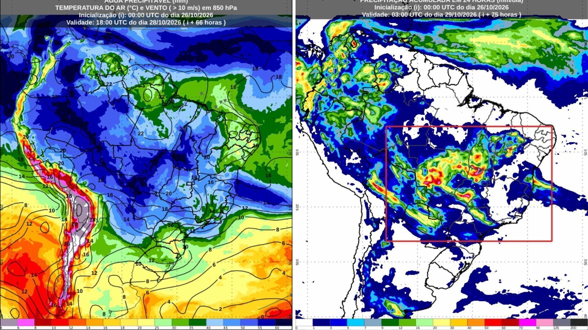 Previsão de água precipitável e de acumulados de chuva para quarta-feira (28), conforme o modelo numérico de previsão de tempo COSMO • Fonte: INMET