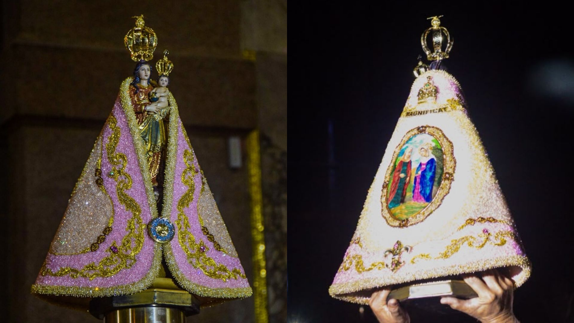 Imagens de frente e costas do novo manto da Imagem Peregrina de Nossa Senhora de Nazaré