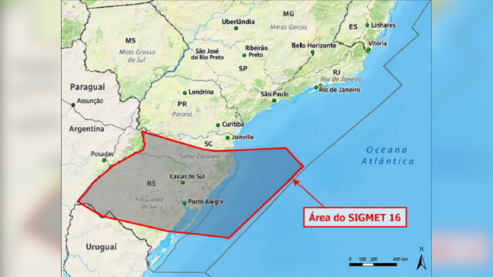Mapa mostra área de atuação de instabilidade nos estados de Santa Catarina de Rio Grande Sul no dia do acidente. • Redemet