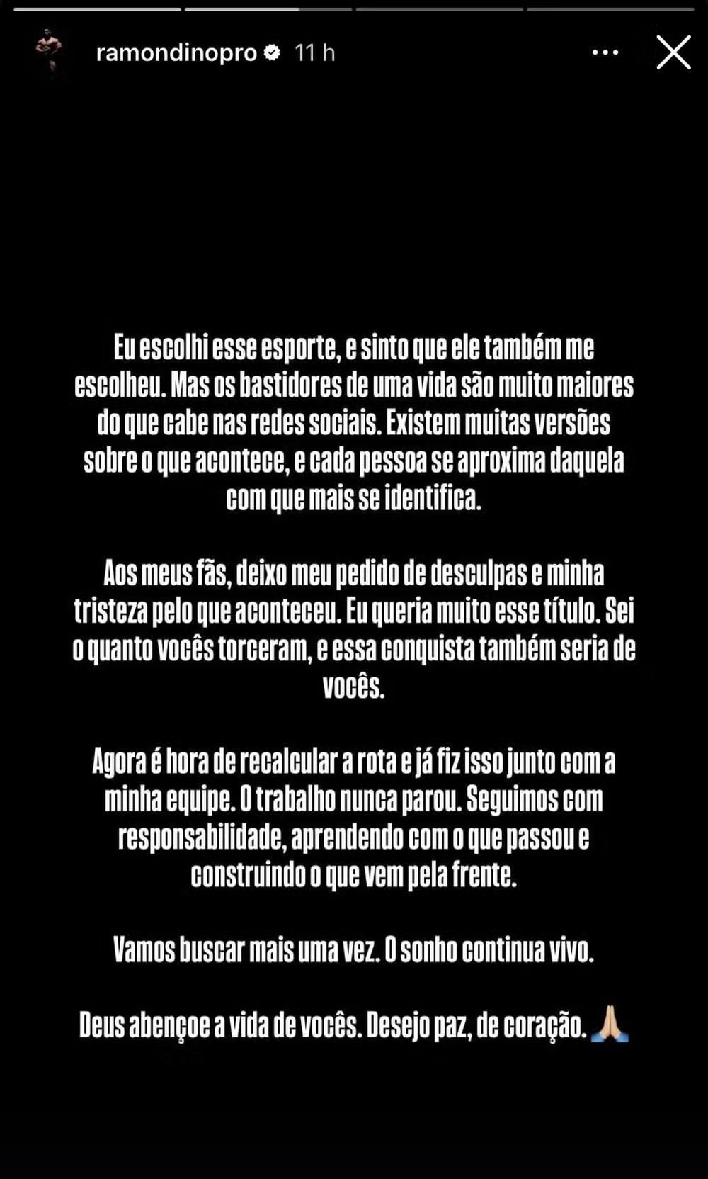 Ramon Dino se posiciona após críticas nas redes sociais e derrota no Mr Olympia • Reprodução/Instagram