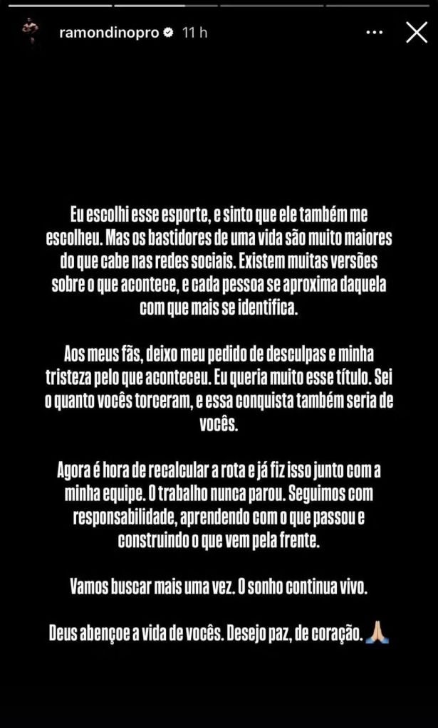 Ramon Dino se posiciona após críticas nas redes sociais e derrota no Mr Olympia