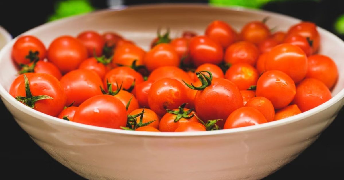 Tomate cortado com azeite e sal sendo preparado para salada