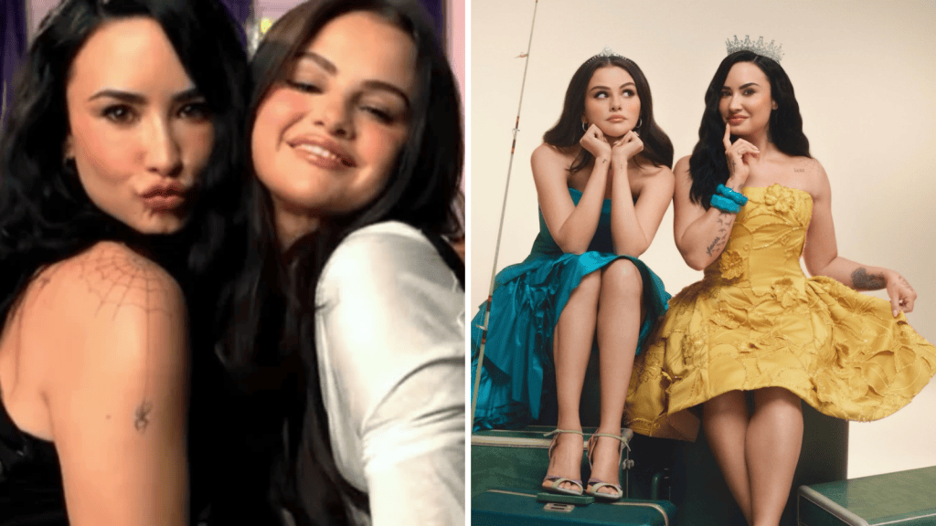 Demi Lovato e Selena Gomez em anúncio de parceria