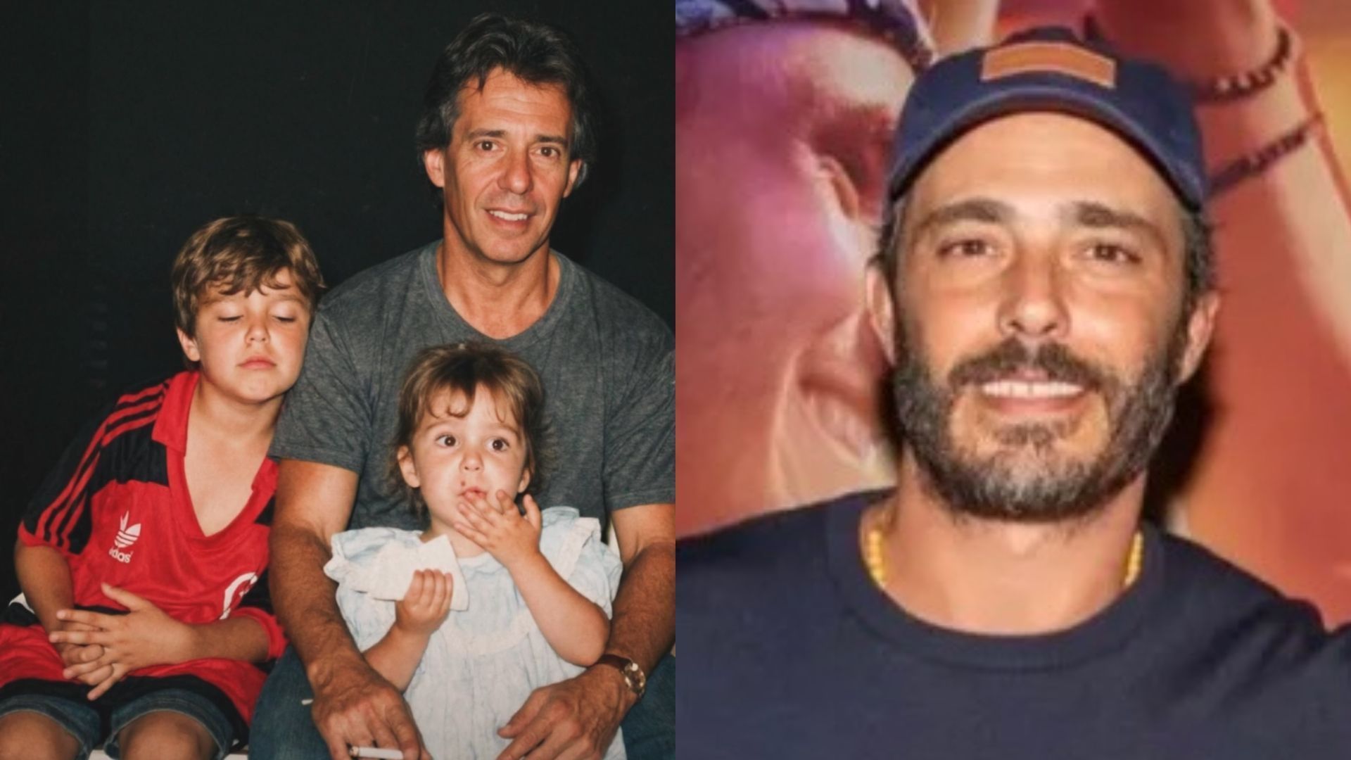 Thiago Rodrigues com pai e irmã quando criança e atualmente