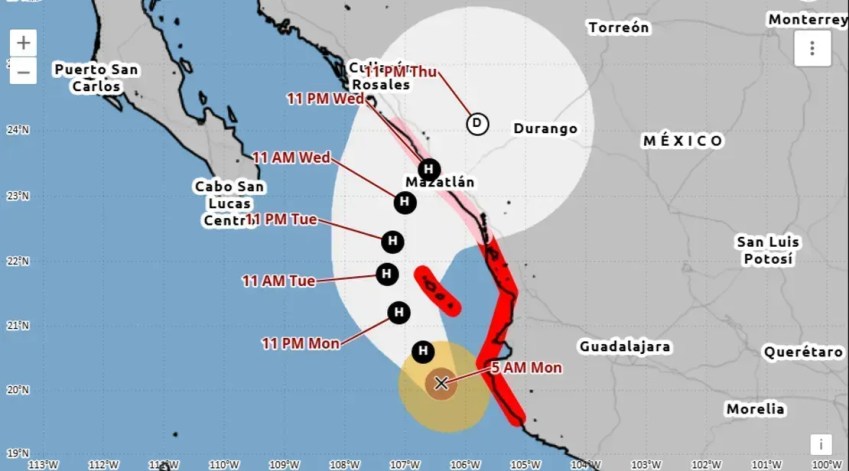 Previsão da trajetória do furacão Simon ao largo da costa oeste do México, na segunda-feira às 7h, horário de Miami • Centro Nacional de Furacões dos EUA.