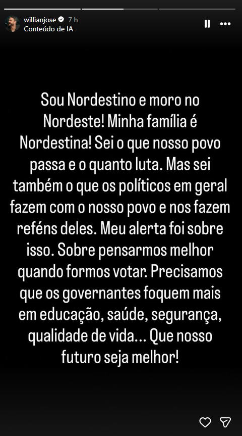 Willian José se retrata após criticar o Nordeste • Reprodução/Instagram