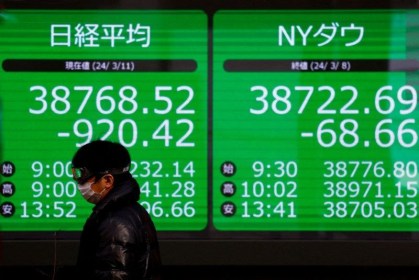 Telão mostra cotação do índice Nikkei em Tóquio