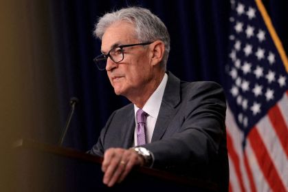 Chair do Federal Reserve, Jerome Powell, durante entrevista coletiva em Washington