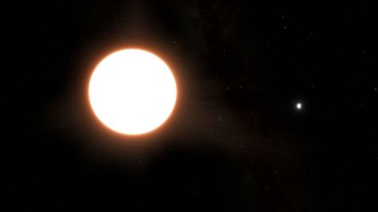 Representação artística do exoplaneta LTT9779b orbitando sua estrela-mãe