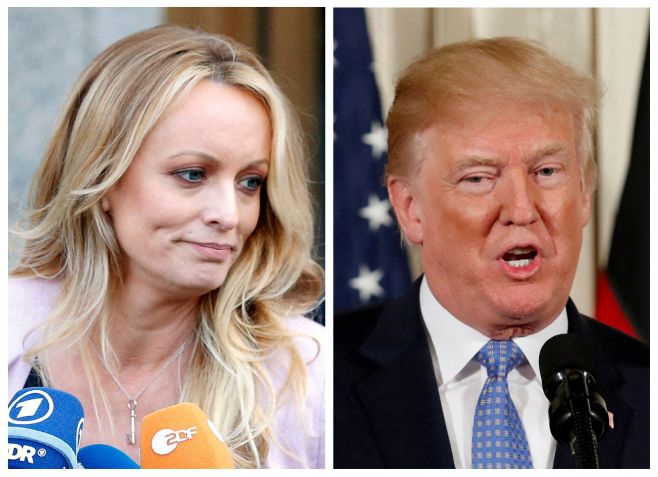 Foto combinada mostra a atriz de filmes adultos Stephanie Clifford, também conhecida como Stormy Daniels, falando na cidade de Nova York, e o ex-presidente dos EUA, Donald Trump, falando em Washington, Michigan, EUA, em 16 de abril de 2018 e 28 de abril de 2018, respectivamente. • REUTERS/Brendan McDermid (E) REUTERS/Joshua Roberts (D)